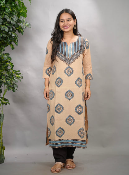 Cream Ajrakh Pattern Hand Block printed Kurti | Looms & Tassels