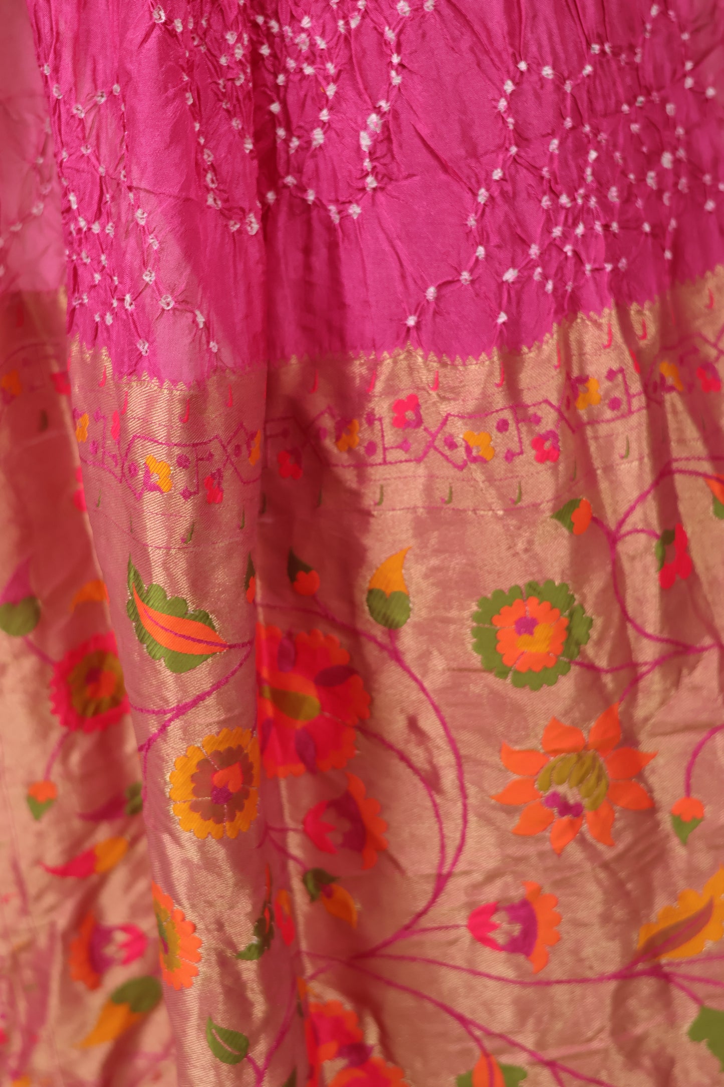 Pink Handcrafted Pattern Bandhani Paithani Dola Silk Saree | Looms & Tassels