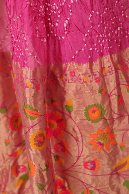 Pink Handcrafted Pattern Bandhani Paithani Dola Silk Saree | Looms & Tassels