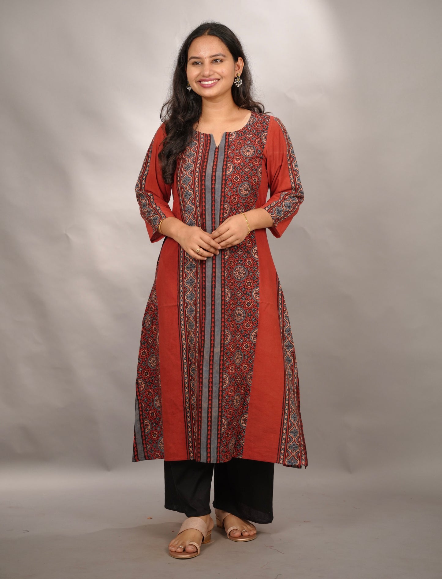 Red Ajrakh Pattern Hand Block printed Kurti | Looms & Tassels