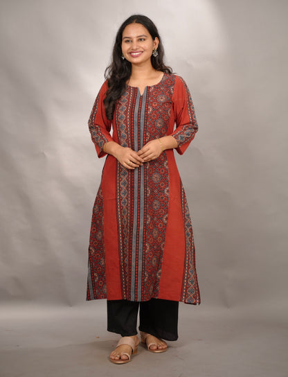 Red Ajrakh Pattern Hand Block printed Kurti | Looms & Tassels