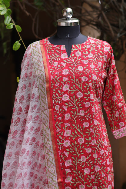Red Handblock printed Pure Mul Cotton with Kota Doria Duppata 3 piece suit (stitched)