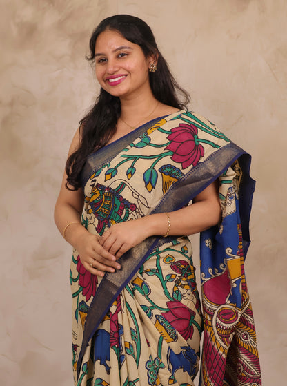 Cream Pichwai Design Kalamkari Nizam Border Chennur Silk Saree | Looms & Tassels