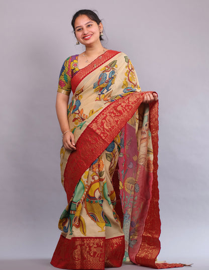 Cream Hand Painted Pen Kalamkari Silk Saree