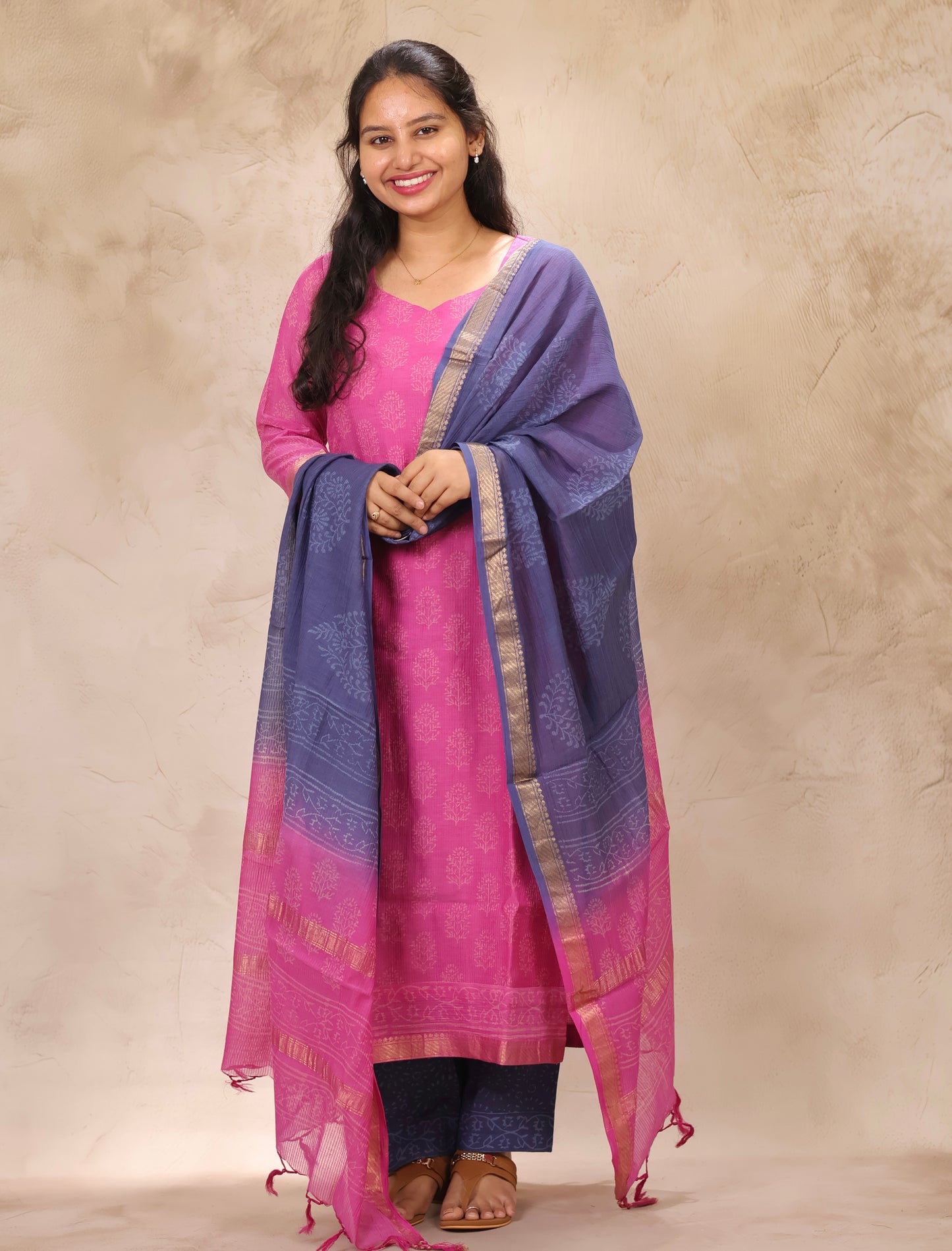 Pink & Blue Handblock printed Pure Maheswari Silk 3 piece suit (stitched)