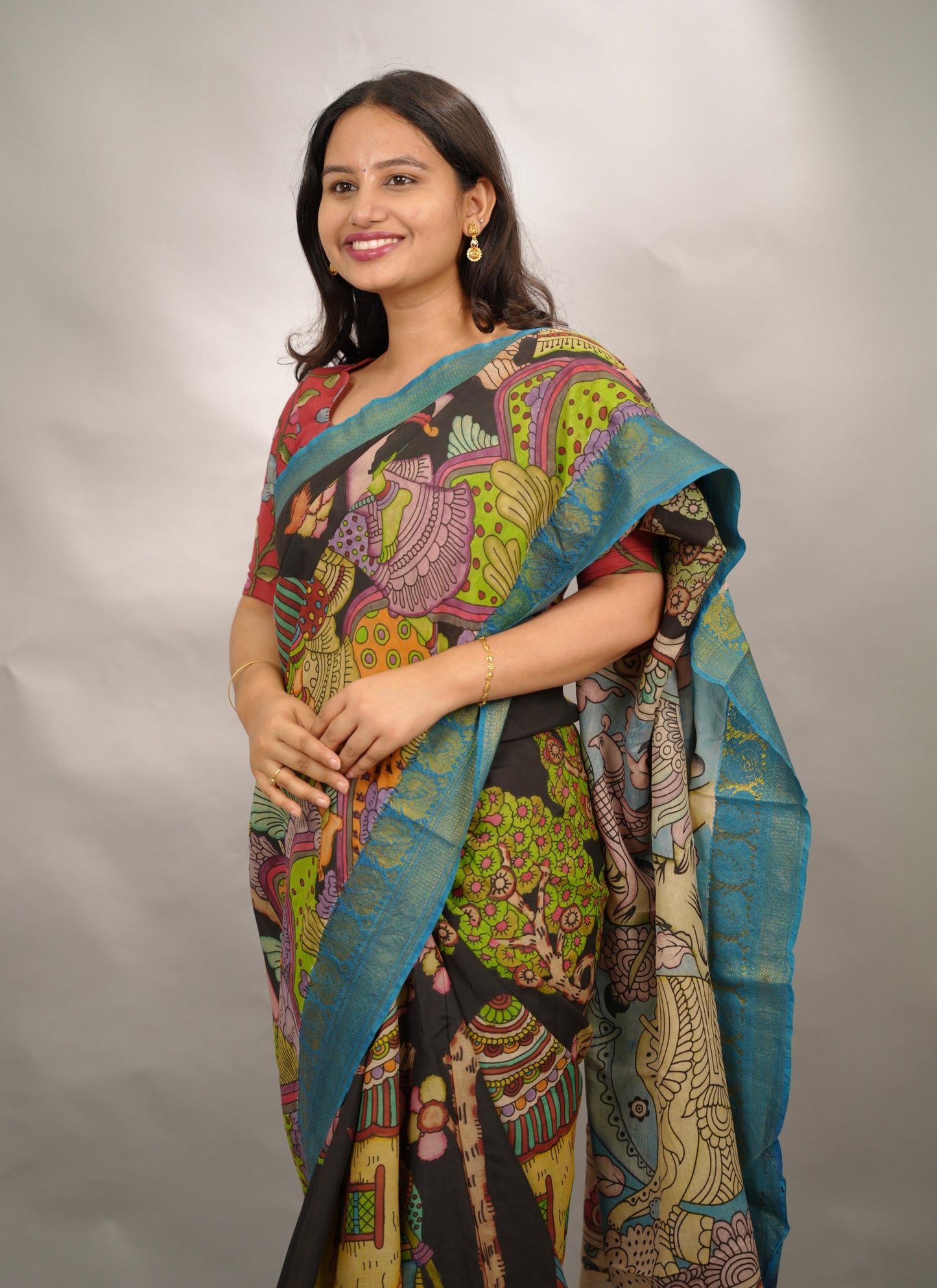 Black Hand Drawn Pen Kalamkari Bangalore Silk Kanchi Border Saree | Looms & Tassels
