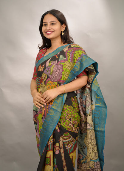 Black Hand Drawn Pen Kalamkari Bangalore Silk Kanchi Border Saree | Looms & Tassels