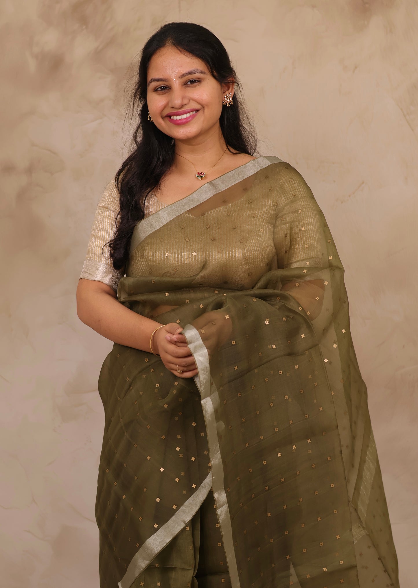 Olive Green Handwoven Muslin Silk Saree With Sequence Work | Looms & Tassels