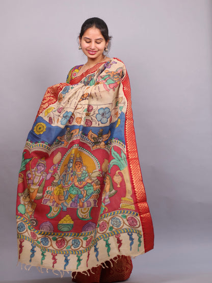 Cream Hand Painted Pen Kalamkari Silk Saree