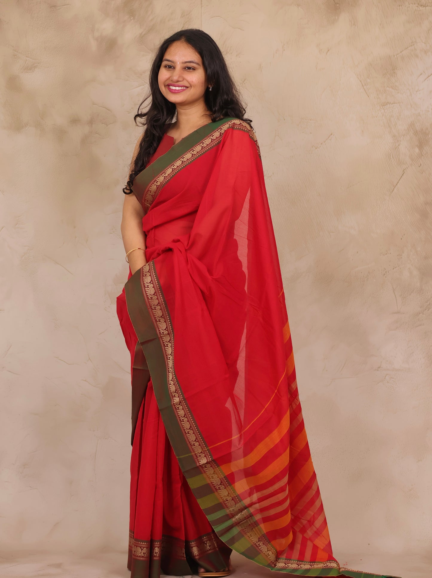 Red Narayanpet Cotton Saree with Elephant Border | Looms & Tassels