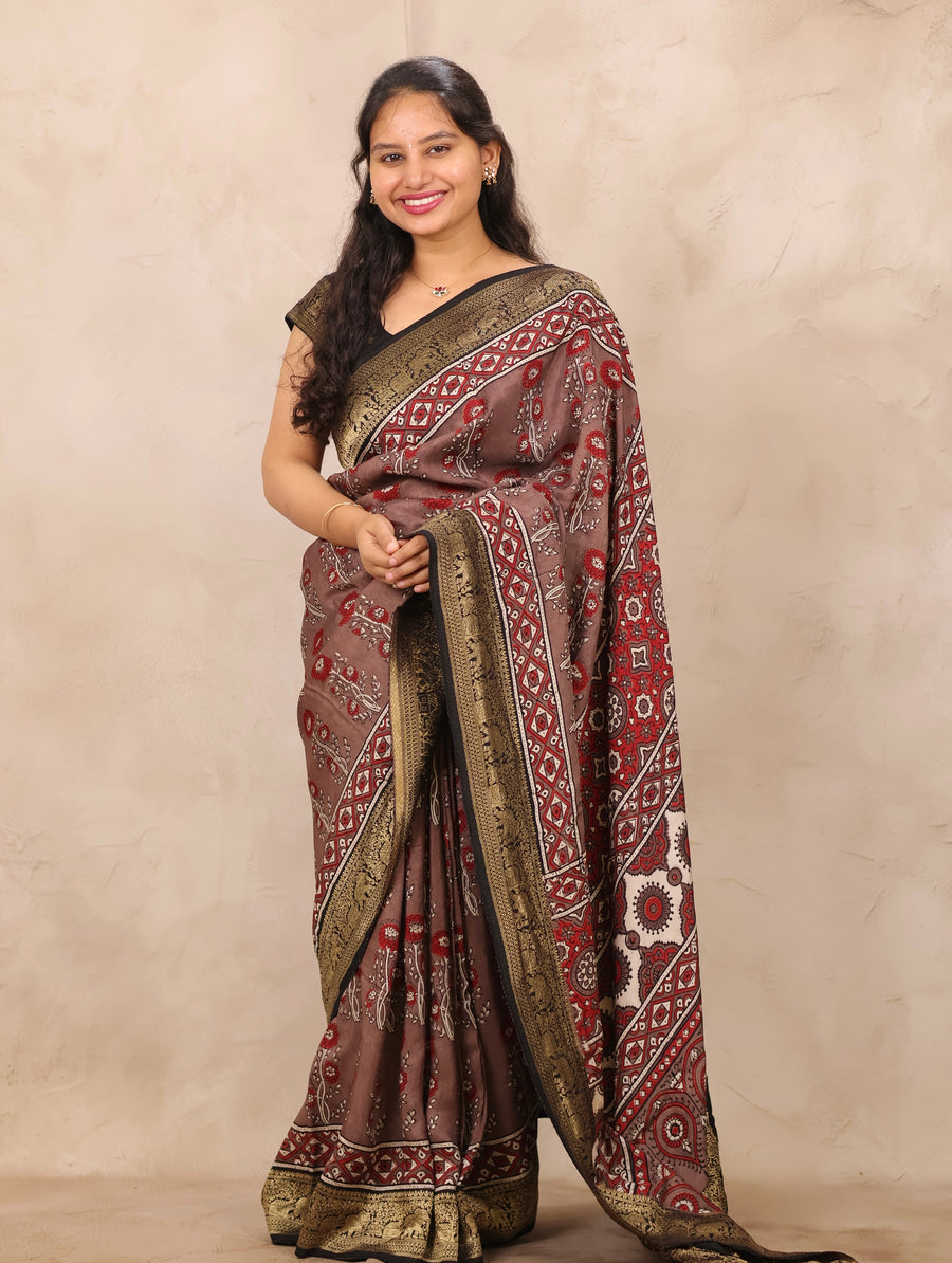 Dusty Brown Ajrakh Handblock printed Dola Silk Saree | Looms & Tassels