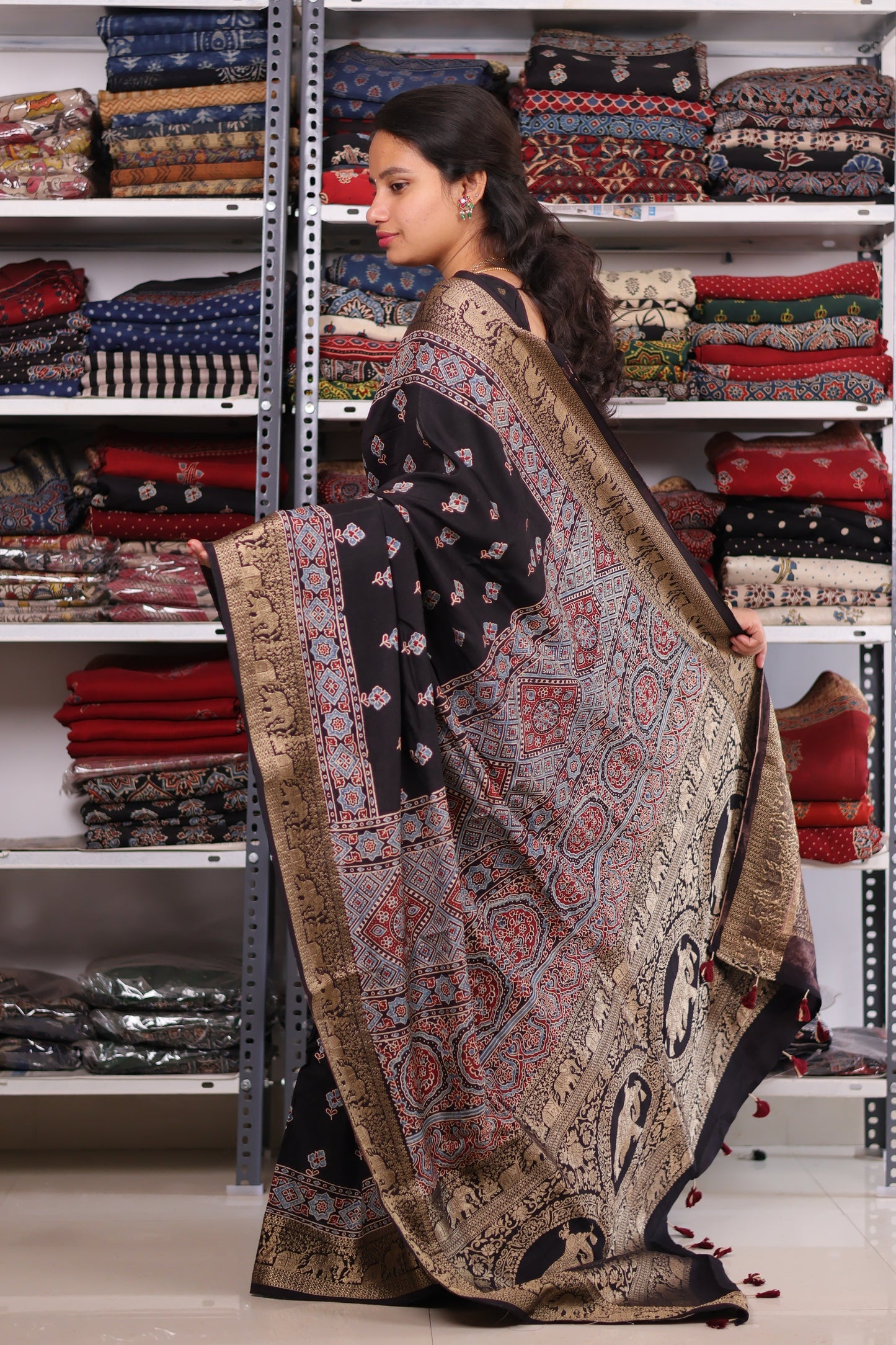 Black Ajrakh Dola Silk Saree