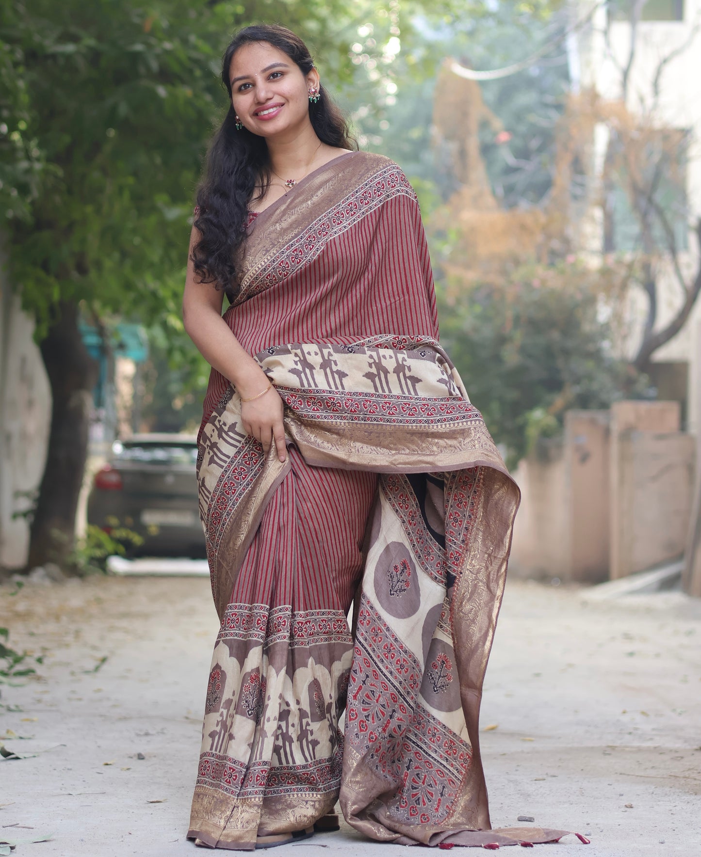 Contemporary Ajrakh Handblock Printed Dola Silk Saree