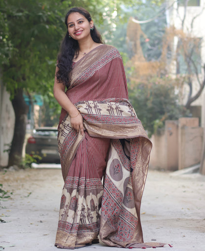 Contemporary Ajrakh Handblock Printed Dola Silk Saree
