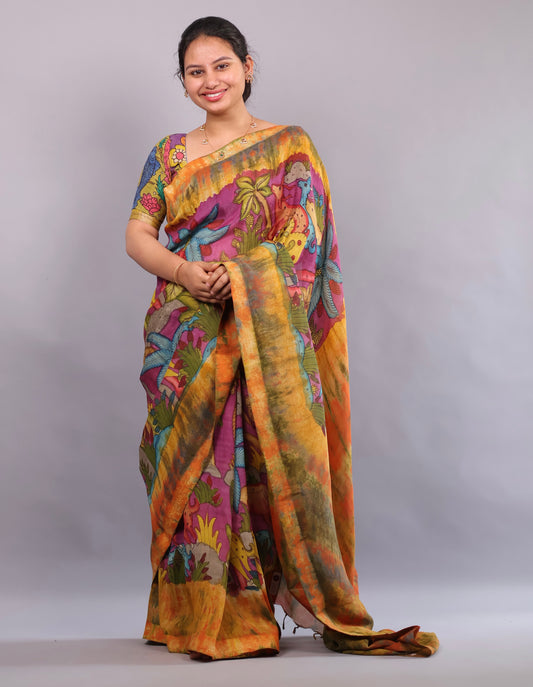 Hand Painted Pen Kalamkari Bangalore Silk Saree with Tie-Dye Borders & Pallu