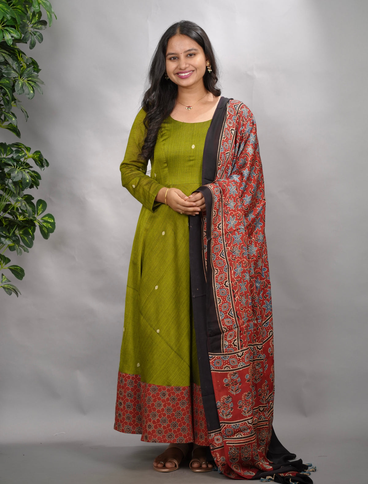 Parrot  Green Ajrakh Patch Work Narayanpet Cotton Anarkali Dress with Ajrakh Modal Silk Dupatta | Looms & Tassels