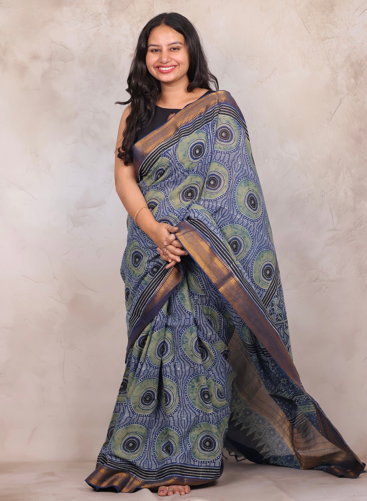 Indigo Ajrakh Hand Block Printed Mangalagiri Cotton Saree | Looms & Tassels