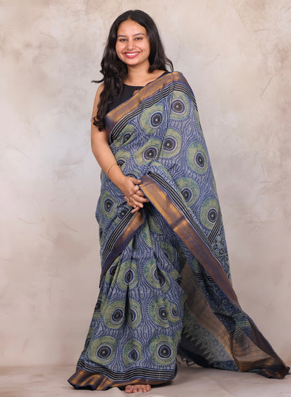 Indigo Ajrakh Hand Block Printed Mangalagiri Cotton Saree | Looms & Tassels