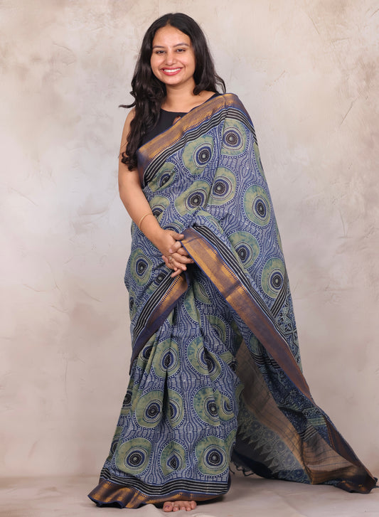 Indigo Ajrakh Hand Block Printed Mangalagiri Cotton Saree | Looms & Tassels
