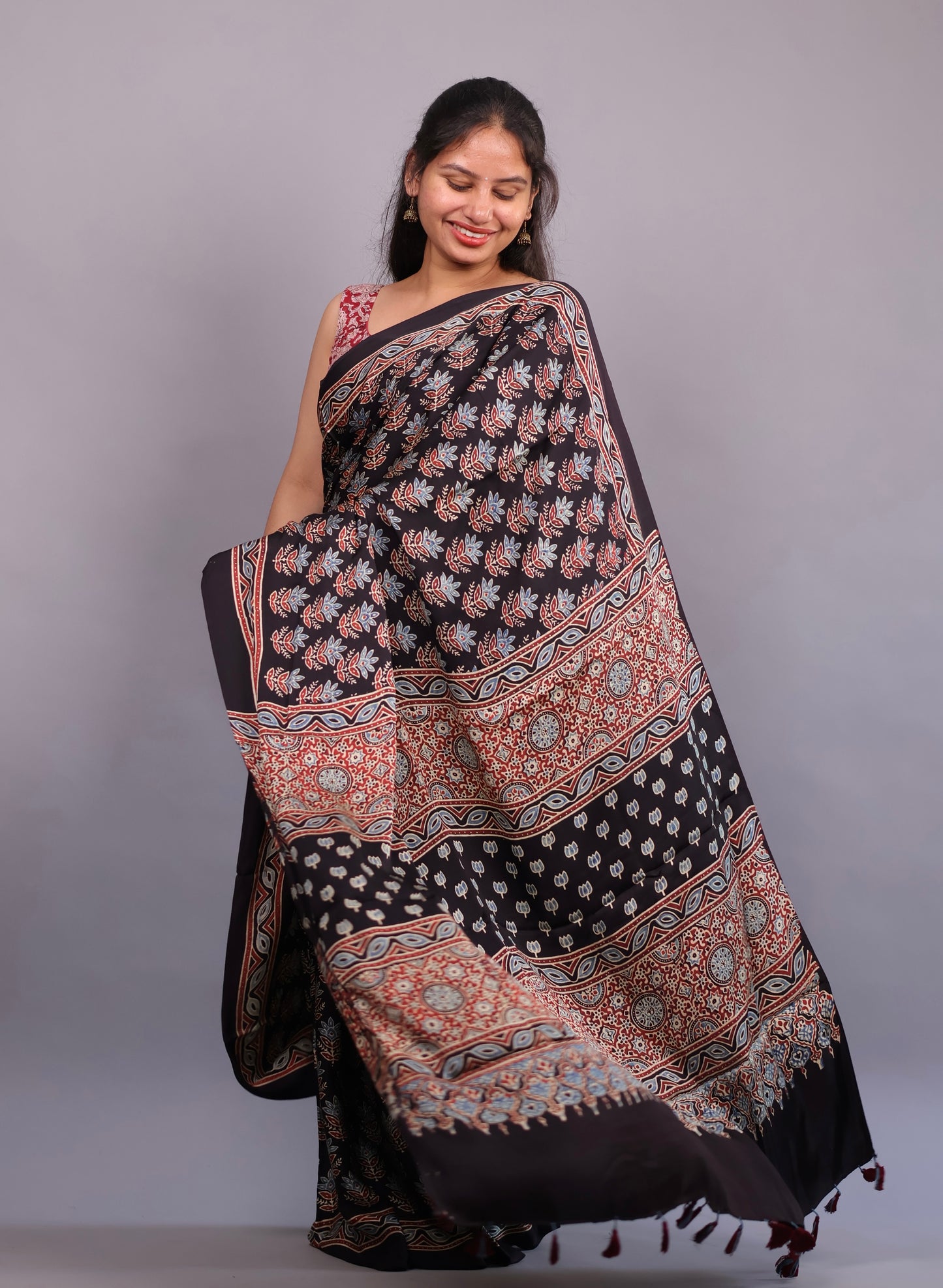 Black Authentic Ajrakh Handblock Printed Modal Silk Saree | Looms & Tassels