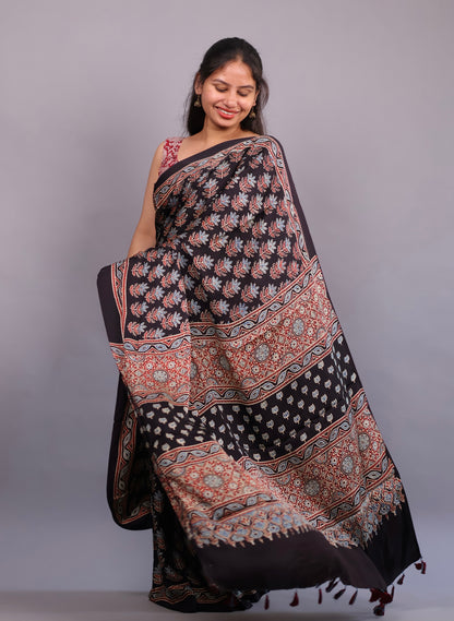 Black Authentic Ajrakh Handblock Printed Modal Silk Saree | Looms & Tassels