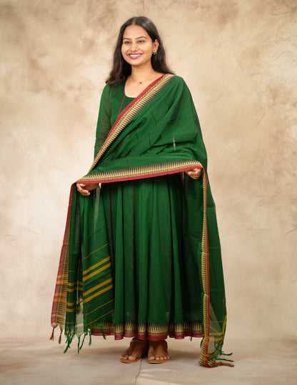 Green Narayanpet Cotton Anarkali Dress with Narayanpet Dupatta | Looms & Tassels