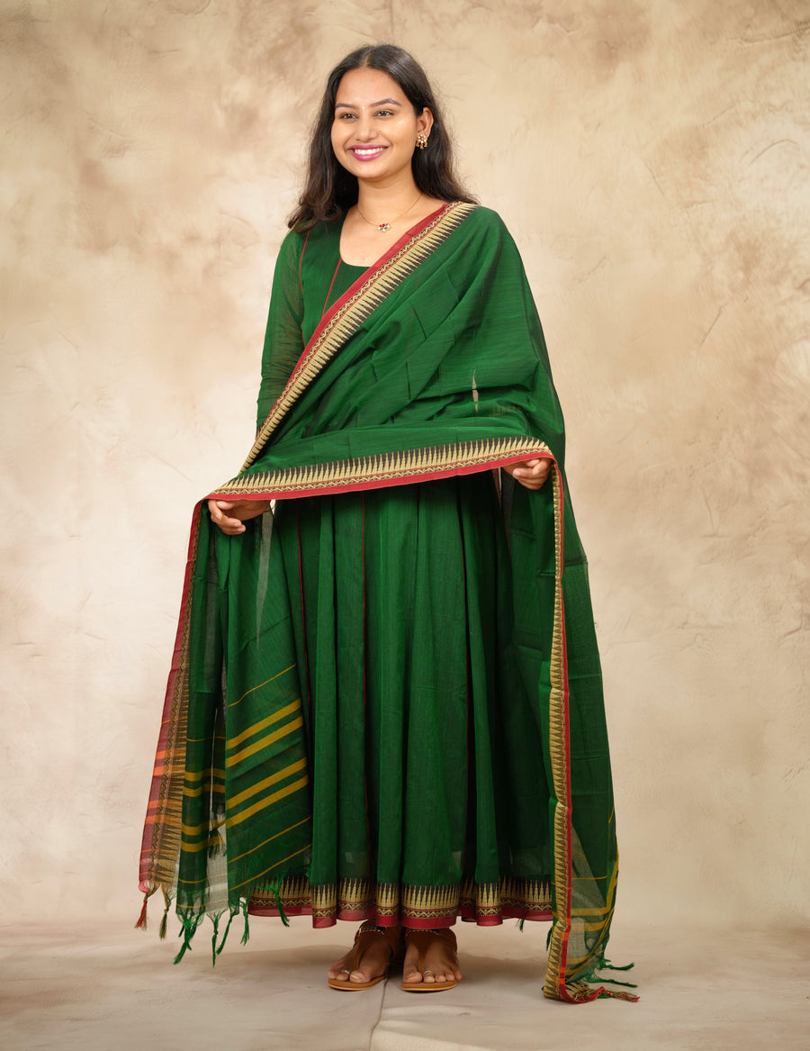 Green Narayanpet Cotton Anarkali Dress with Narayanpet Dupatta | Looms & Tassels