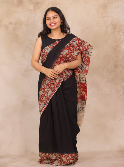 Black Kalamkari Dyeing Pure Cotton Saree