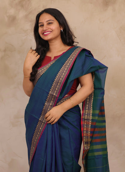 Peacock Blue Narayanpet Cotton Saree | Looms & Tassels