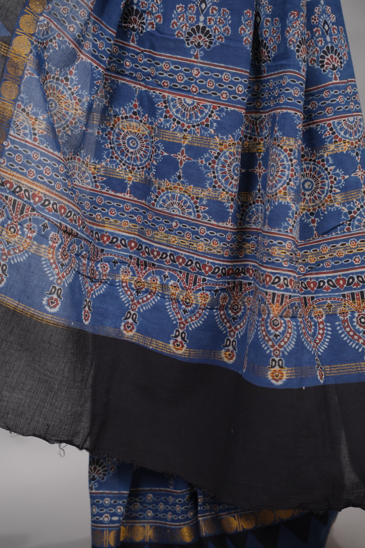 Indigo Ajrakh Hand Block Printed Sungudi Cotton Saree | Looms & Tassels