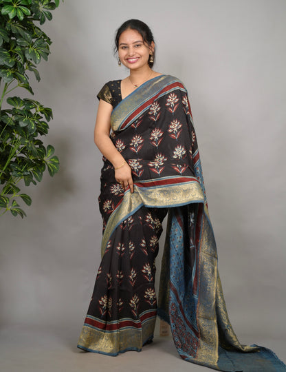 Ajrakh Dola Silk Saree - Black | Looms & Tassels