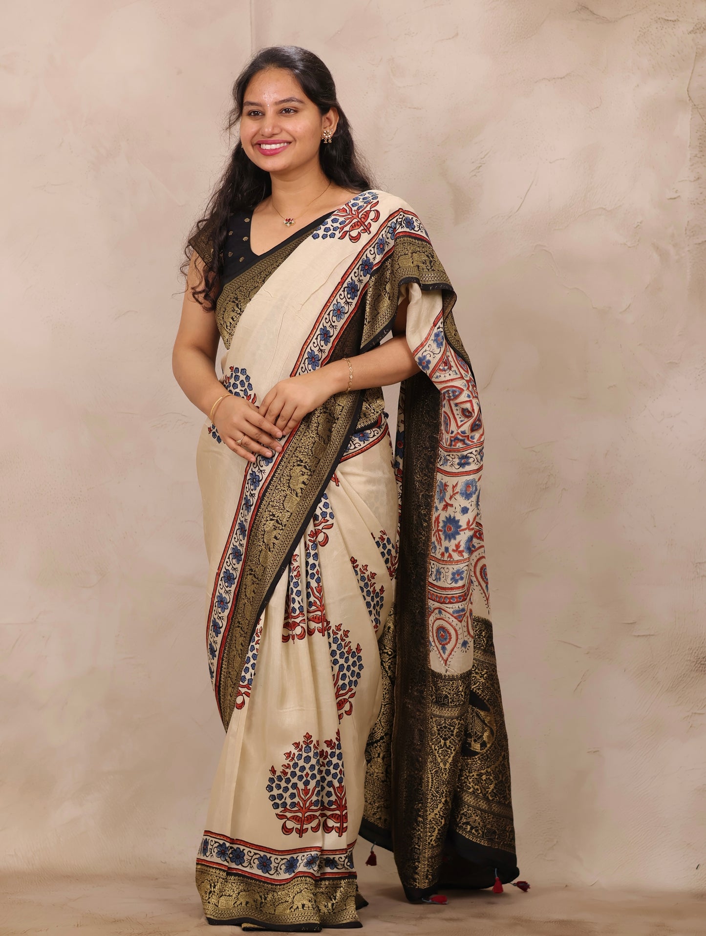 Cream Ajrakh Handblock printed Dola Silk Saree | Looms & Tassels