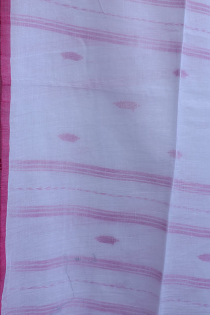 White & Pink Pure Handwoven Malai Cotton Saree with Butta Weaving