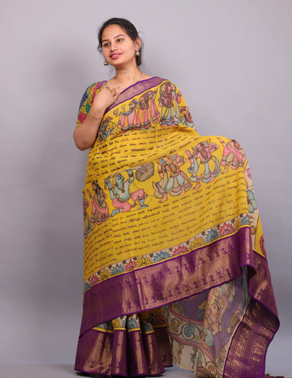 Yellow Hand Painted Pen Kalamkari Silk Saree