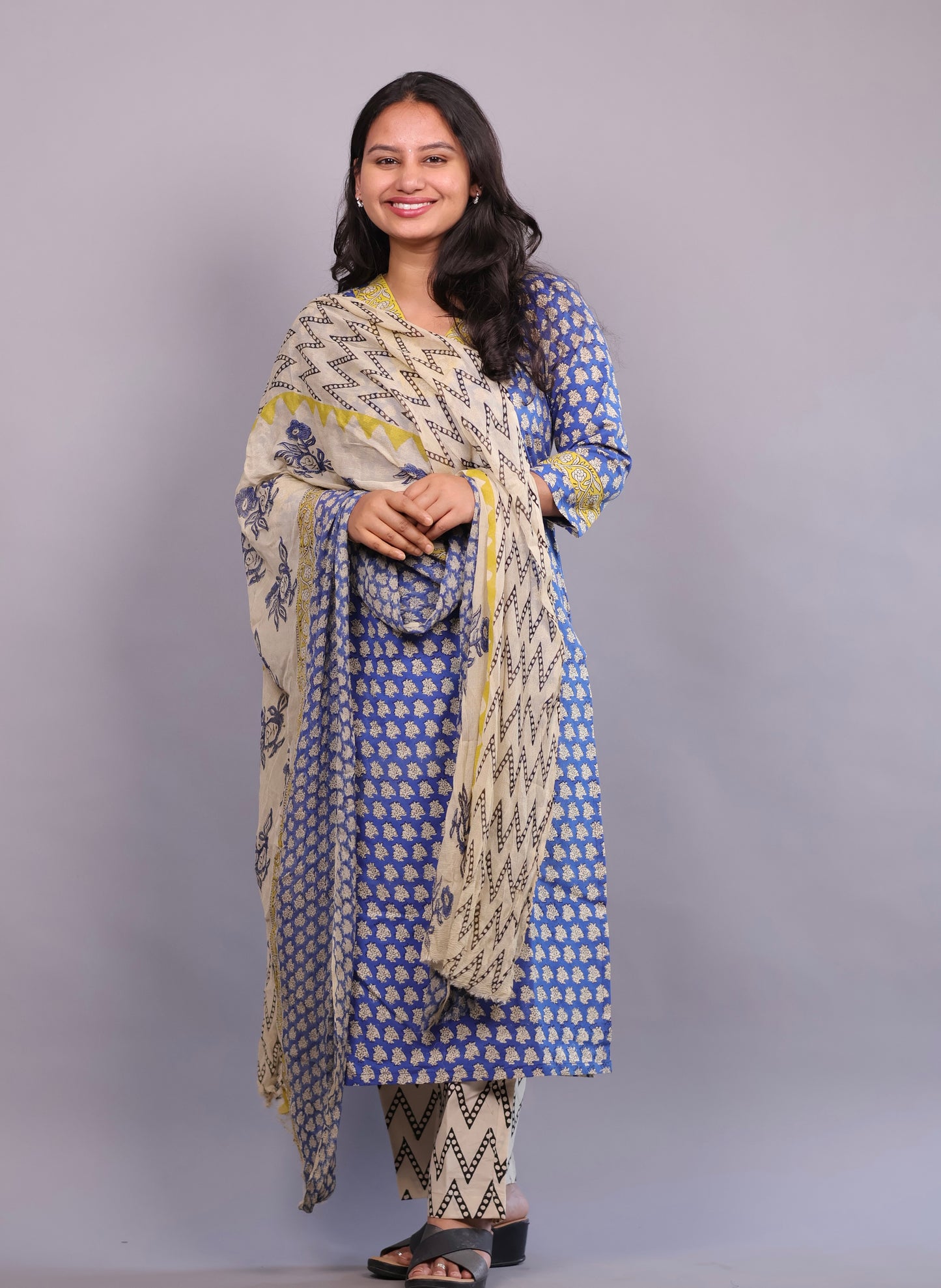 Blue Handblock printed Pure Mul Cotton with chiffon Duppatta 3 piece suit (stitched)