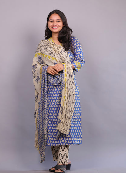 Blue Handblock printed Pure Mul Cotton with chiffon Duppatta 3 piece suit (stitched)