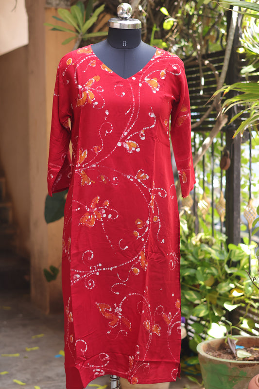 Red Hand drawn Batik silk Kurti