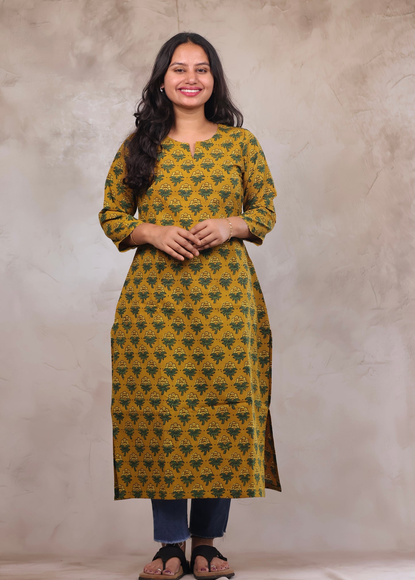 Yellow Ajrakh Hand Block Printed Kurti | Looms & Tassels