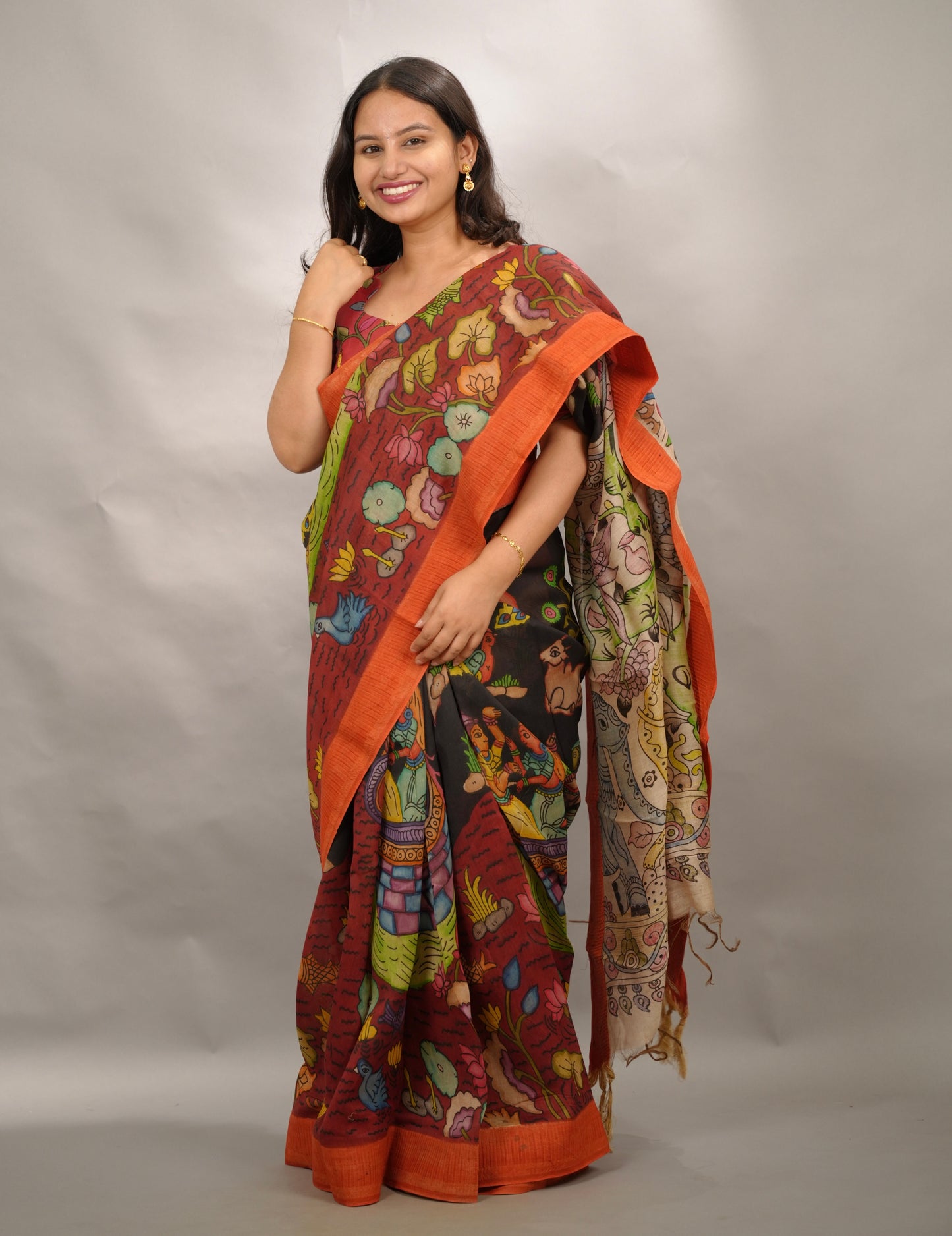 Black Hand Drawn Pen Kalamkari Bangalore Silk Gicha Border Saree | Looms & Tassels