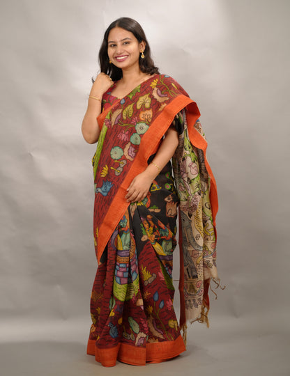 Black Hand Drawn Pen Kalamkari Bangalore Silk Gicha Border Saree | Looms & Tassels