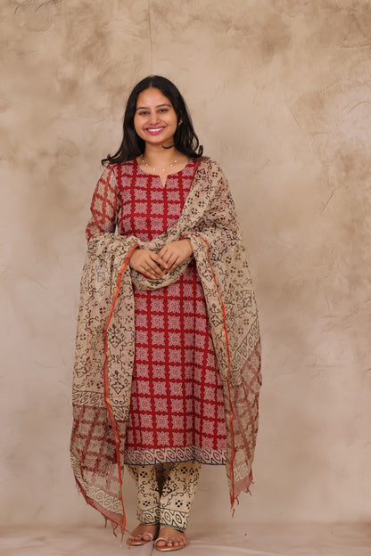 Maroon Handblock printed kota 3 piece suit (stitched)