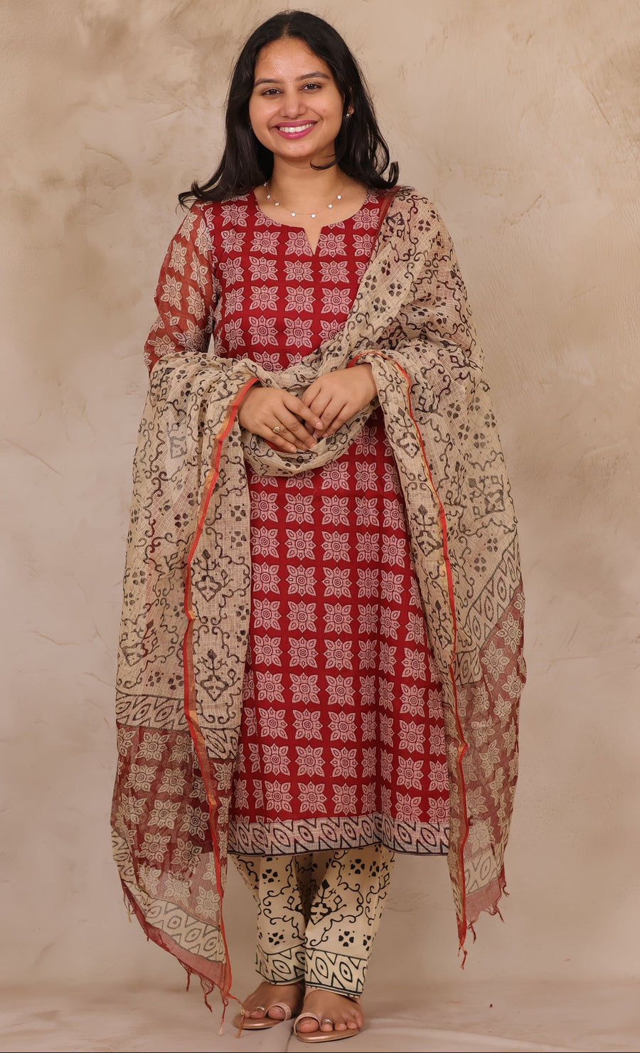 Maroon Handblock printed kota 3 piece suit (stitched)