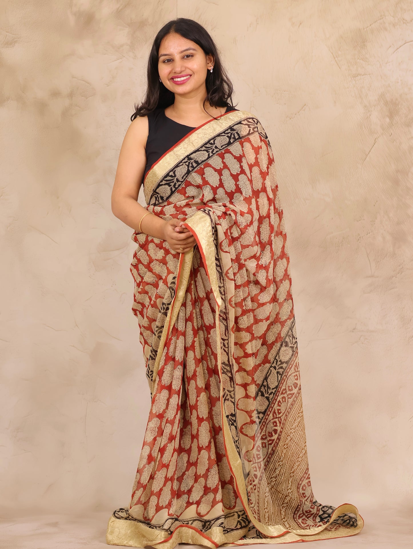 Maroon Chiffon Hand Block Printed Saree with Jari Border | Looms & Tassels
