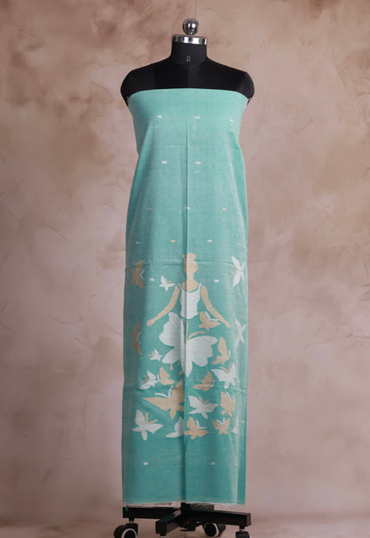 Ice Blue Handwoven Jamdhani weaving pure Malai cotton 2 piece suit sets | Looms & Tassels