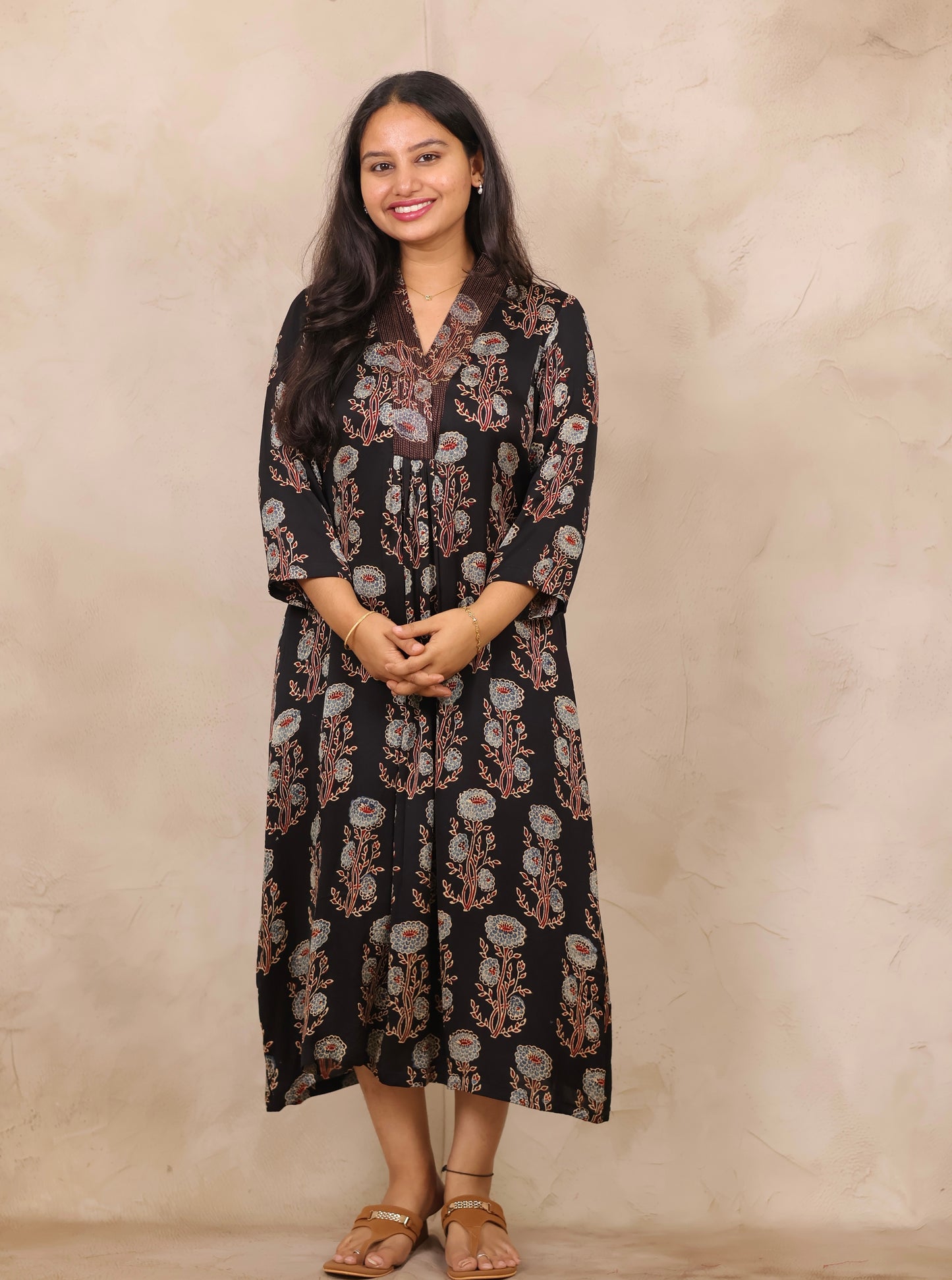 Black Ajrakh Modal Silk Aline Dress | Looms & Tassels