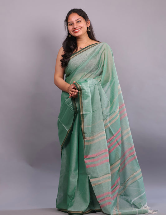 Sea Green Narayanpet Cotton Saree | Looms & Tassels