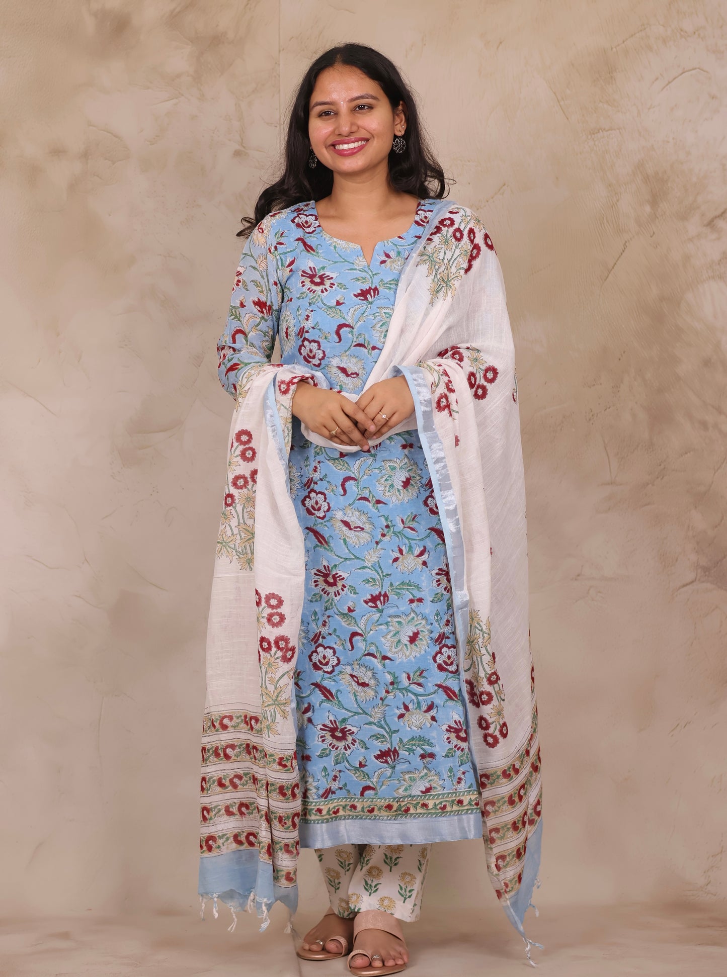 Sky Blue Linen Cotton Handblock printed 3 piece suit (stitched)