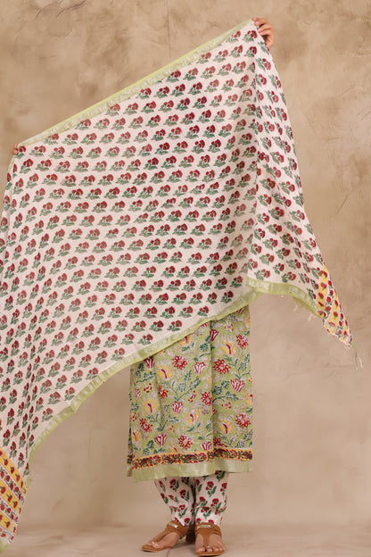 Green Linen Cotton Handblock printed 3 piece suit (stitched)