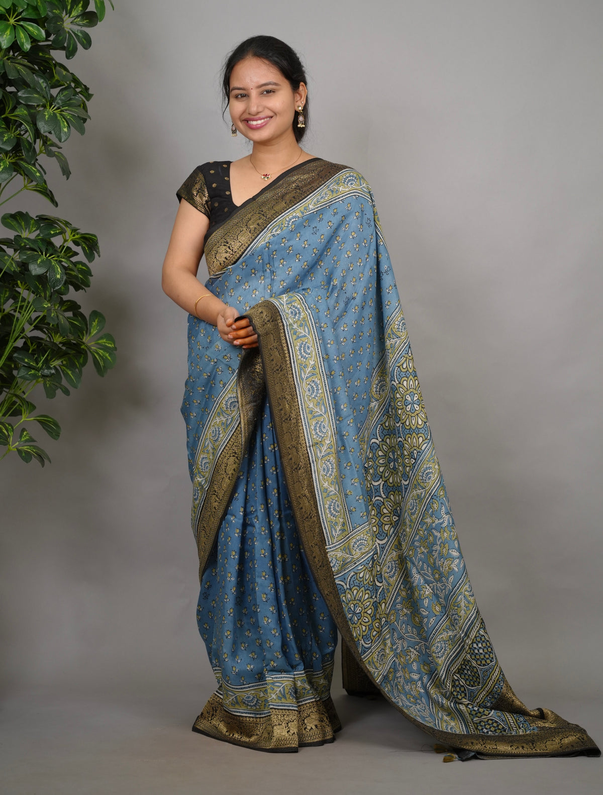Ajrakh Dola Silk Saree - Blue | Looms & Tassels