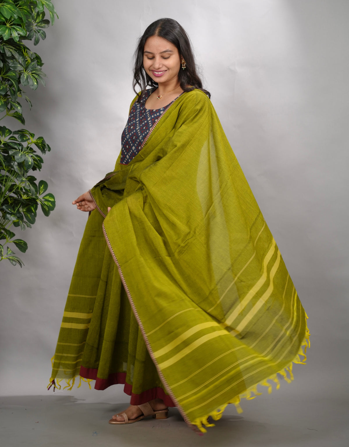 Green Ajrakh Patch Work Narayanpet Cotton Anarkali Dress with Narayanpet Dupatta | Looms & Tassels